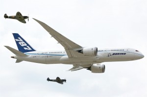 Boeing 787 Dreamliner at Farnborough with Spitfires (click for larger)