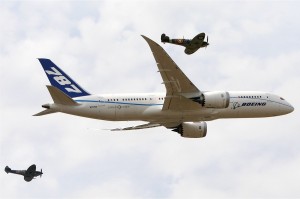 Boeing 787 Dreamliner at Farnborough with Spitfires (click for larger)