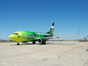 New Timbers livery on Alaska Airlines Boeing 737-700 as seen today in Portland. Photo by Alaska Airlines.