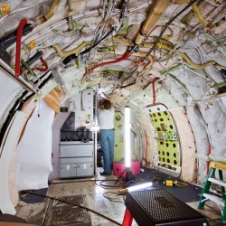 Inside the cabin of an American 737 being retrofitted.
