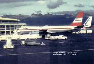 N705PA with black "Alaska" on the plane. Taken in Anchorage during the summer of 1972 by Ron Suttell
