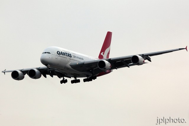 Qantas Airbus A380 landing at LAX. 
