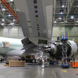 A Boeing 747-8 Intercontinental on the factory floor in Everett.