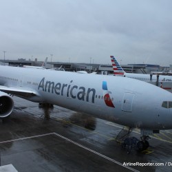 American Airlines Boeing 777-300ER at a cloudy JFK.