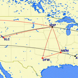The two different mileage runs I did.  To Dallas (in Red) and to Newark (in black)