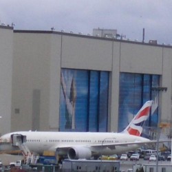 British Airways Boeing 787 Dreamliner seen from the Strato Deck at the Future of Flight. Photo by Sandy Ward.