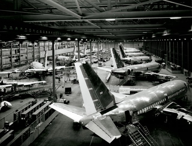 The original Boeing 737 assembly line at Boeing Field’s Thompson facility in the late 1960s before production moved to Renton. Image Courtesy: Boeing