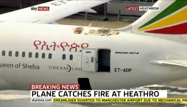 Photo from Sky.com shows fire appears to be in the rear of the aircraft. 