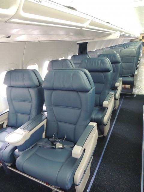 Brand new interior with 2x2 up front and the 2x3 in back. I bet this bird comes with the iconic "new plane smell" too! Photo courtesy Delta Air Lines.