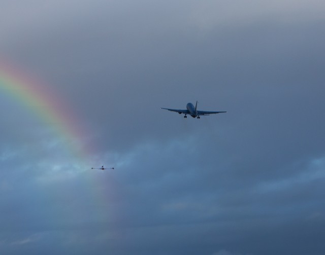 The first 767-2C climbs out of Paine Field accompanied by a T-33 Chase Plane and a Rainbow. Photo: Jennifer Nagle