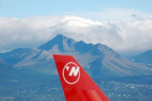 A Northwest Airline's tail up in the far north, Alaska