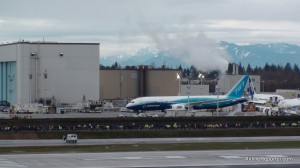 The Boeing 787 on its way to the runway for its first flight yesterday.