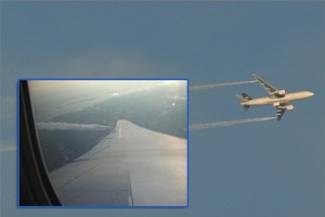 Big photo shows a photo taken by Mark Hsiung showing the fuel dump of the Boeing 777 and the inset shows a passenger photo of the dump. 