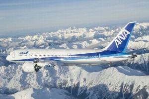 Boeing 787 Dreamliner ZA002 with ANA livery, flying over the Olympics