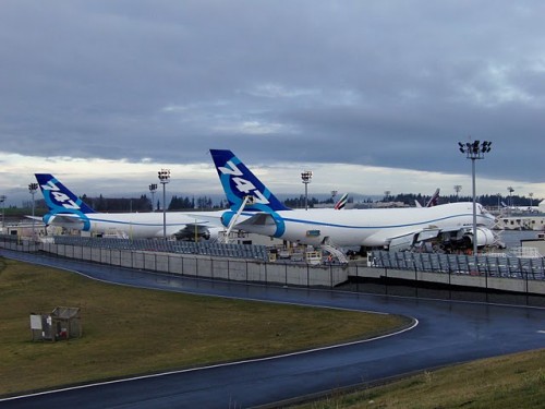 Two Boeing 747-8's at Paine Field on Saturday.