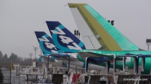 The three Boeing 747-8 tails all lined up