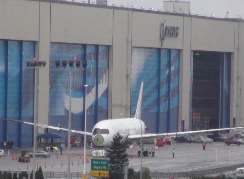 Boeing's static test airframe for the Boeing 787 leaving the Boeing hangars