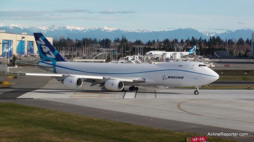 The Boeing 747-8F completing runway taxi tests on Saturday February 6th at Paine Field.