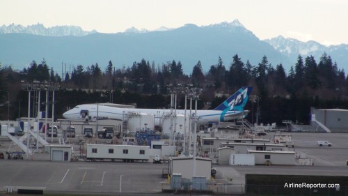 Boeing 747-8 #2 sitting with the mountains in the background. Taken this morning. #1 Will be doing the taxi tests.