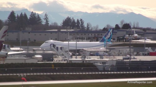 Boeing 747-8 #1 waiting for her taxi tests today. Take at 10:45am