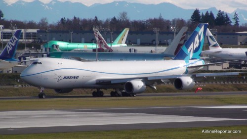 Boeing 747-8 #1 out on the taxi way at Paine Field at 1:15pm today