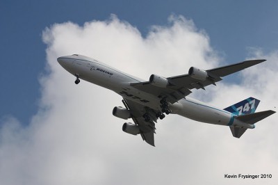 The Boeing 747-8 right after take off. Taken from the Future of Flight's strato deck.