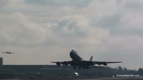 The Boeing 747-8 right after lift off today at Paine Field