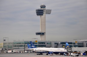 JFKCONTROL2 John F. Kennedy International Airport's control tower with a few jetBlue Airbus A320's in front