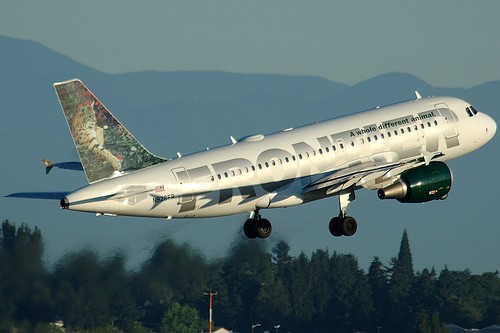 Frontier Airlines Airbus A319 (N928FR) taking off from Seattle, WA.