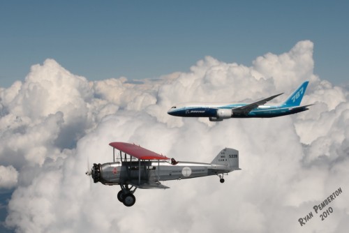 Boeing 787 Dreamliner and Boeing 40C flying together