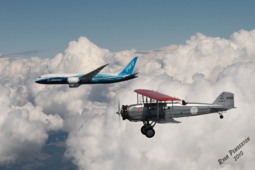 Boeing 787 Dreamliner and Boeing 40C flying together