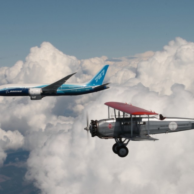 Boeing 787 Dreamliner and Boeing 40C flying together