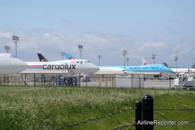 Korean Air Cargo Boeing 747-8 Freighter sitting next to Cargolux's. Took at Paine Field today.