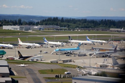 A few Boeing 787's among other Boeing products from the sky. That is the Future of Flight in the background.