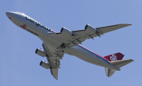 CargoLux Boeing 747-8F taking off for a test flight at Paine Field (N5573S)