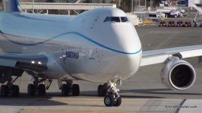 Boeing 747-8F during taxi tests at Paine Field.