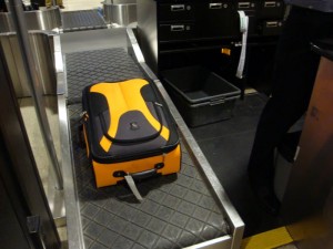 The test bag, at Alaska Airlines baggage check counter at Seattle-Tacoma International Airport, ready to start its journey to Phoenix