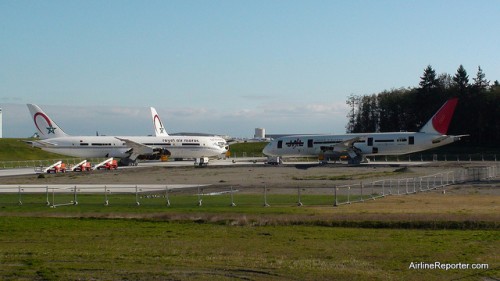 Two Royal Air Maroc and one JAL Boeing 787 Dreamliner next to the Future of Flight