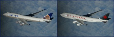 The photoshopped United Airlines Boeing 747-400 in new livery on the left and original photo on the right.