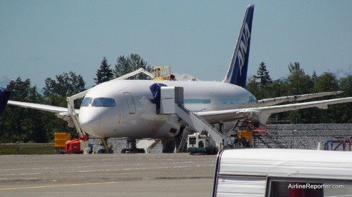 This Boeing 787 has the ANA tail, but the rest is all white. People are guessing ANA might have a special livery planned.