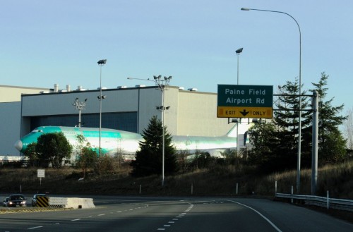 What a nice site to see while driving on the highway. Boeing's first 747-8 Intercontinental