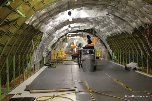 Interior shot of the upper deck of a Boeing 747-8 Intercontinental in the Boeing Factory.