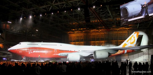 The new orange Boeing livery on the first 747-8 Intercontinental looks very nice -- even better in person. Click for larger.