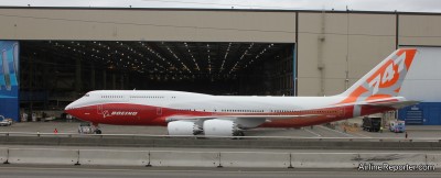 The first Boeing 747-8 Intercontinental caught outside in the natural light after being pulled out of the factory.