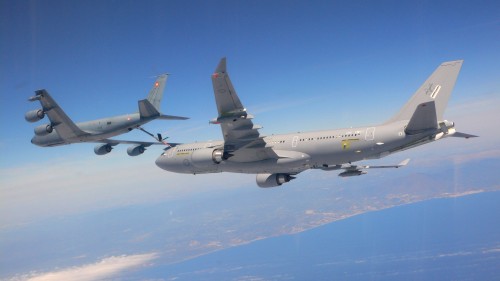 A French Air Force KC-135 (much like what the US military uses today) refuels a Royal Australian Air Force A330