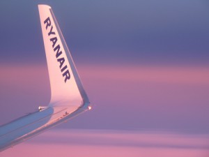 Sunset view looking at a Ryanair winglet over the Canary Islands
