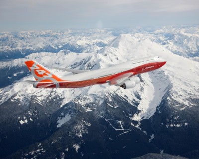 The Boeing 747-8 Intercontinental during it's first flight yesterday. Photo by Boeing - click for larger.