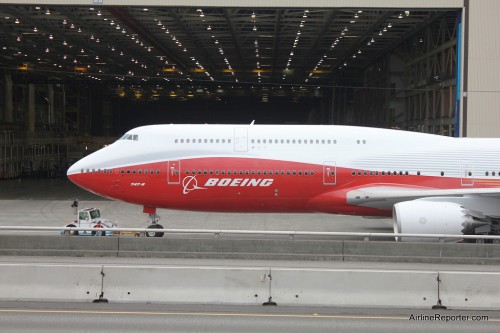 The first Boeing 747-8I being towed out of the Boeing Factory in Everett, WA