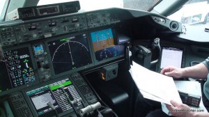 Cockpit of a Boeing 787 Dreamliner.