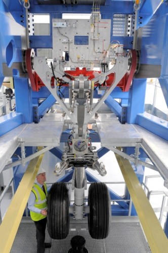 The first landing gear for the Airbus A350 has been installed. Photo from Airbus.